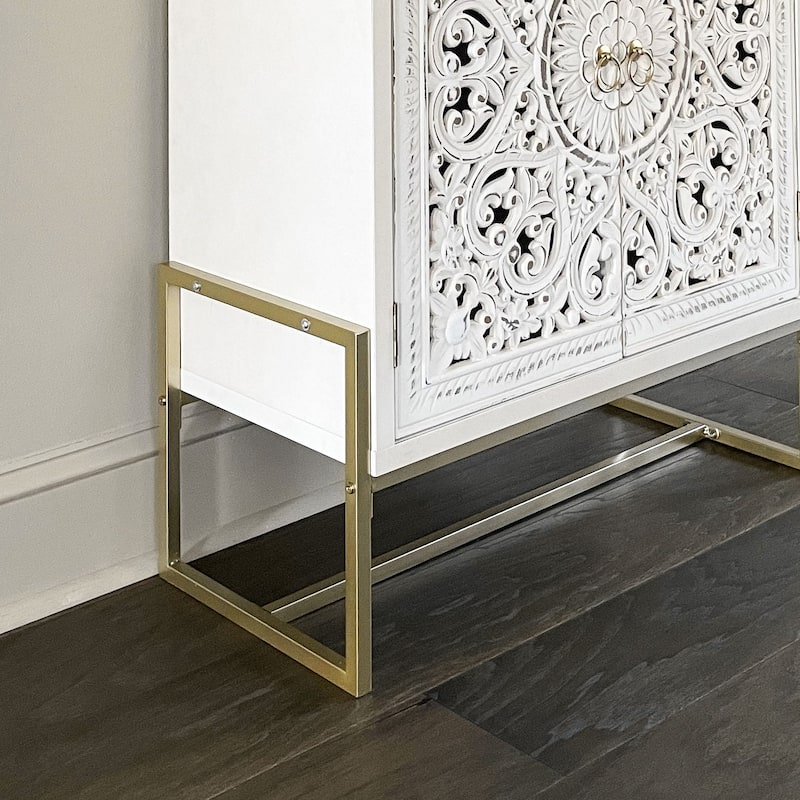 2-Door White Flower Hollow-Carved Metal Feet Cabinet