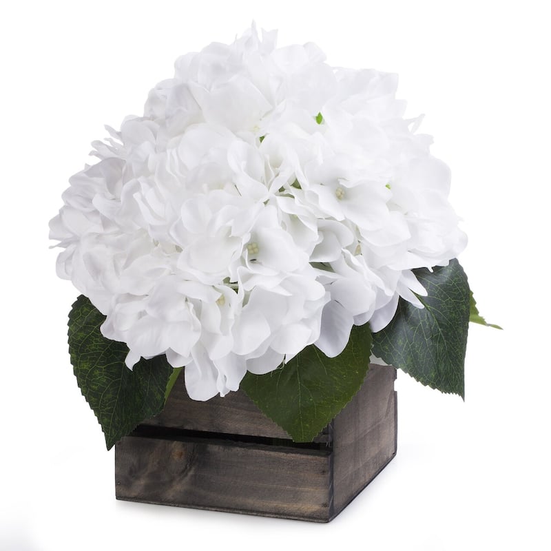 Enova Home Artificial Silk Hydrangea Fake Flowers Arrangement in Wood Planter for Home Office Wedding Decoration - White