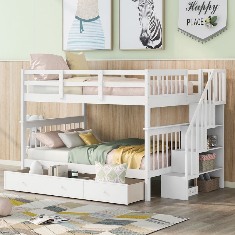 Full-Over-Full Bunk Bed with Drawer, Storage, and Guard Rail, White - White