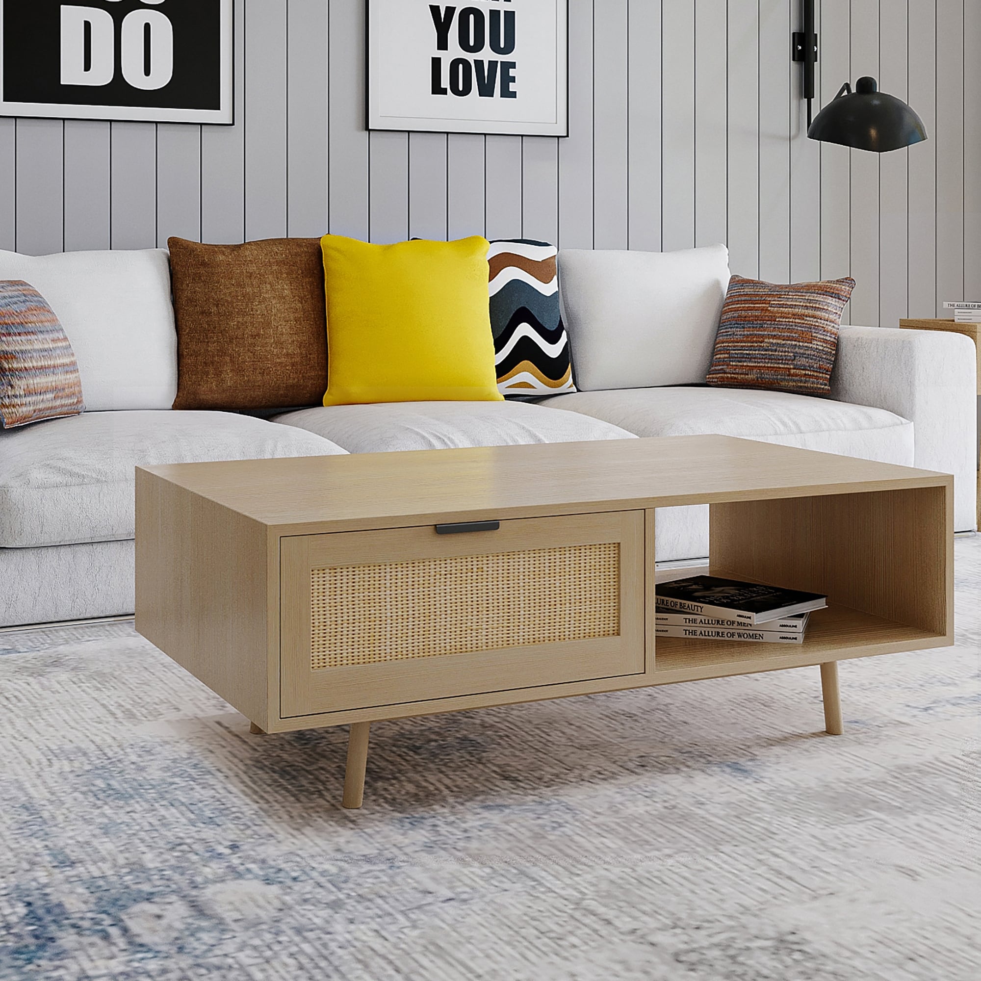 Modern Oval Coffee Table for Living Room, Wood Boho End Table with Storage  and Display 2 Tier Small Sofa Table Boho Center Table for Bedroom Home  Office, White