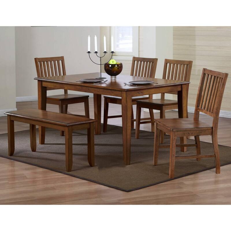 Rectangular Dining Set 6 Piece Solid Wood Table & Bench Seats 7 Amish Brown
