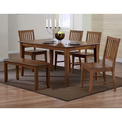 Rectangular Dining Set 6 Piece Solid Wood Table & Bench Seats 7 Amish Brown