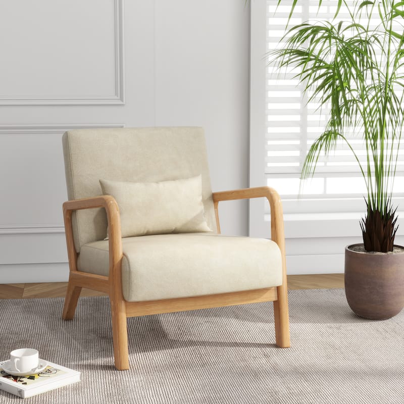 Mid Century Solid Wood Upholstered Accent Chair - CREAM/PU/NATURAL WOOD LOW SIDE FRAME