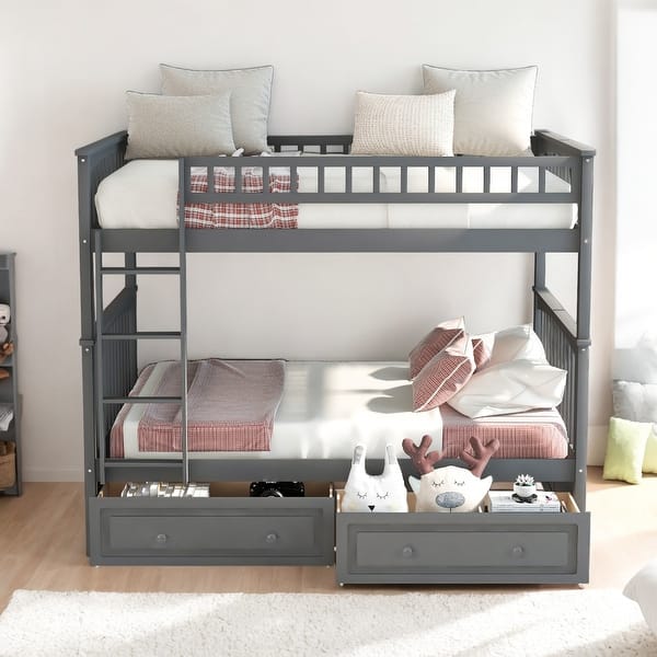 slide 2 of 16, Full over Full Pine Bunk Kids Bed Frame with Guardrail & Drawers, Convertible to 2-Separate Platform Beds, Easy Assembly, Grey Grey