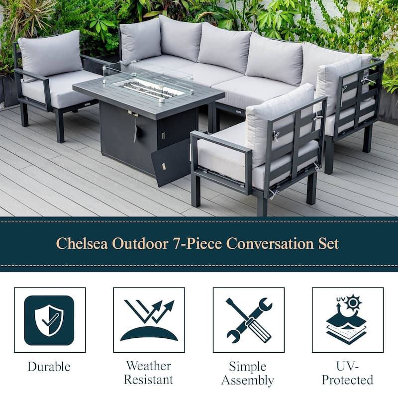 Outdoor 7-Piece Patio Sectional Set Aluminum Frame W/ Fire Pit Table