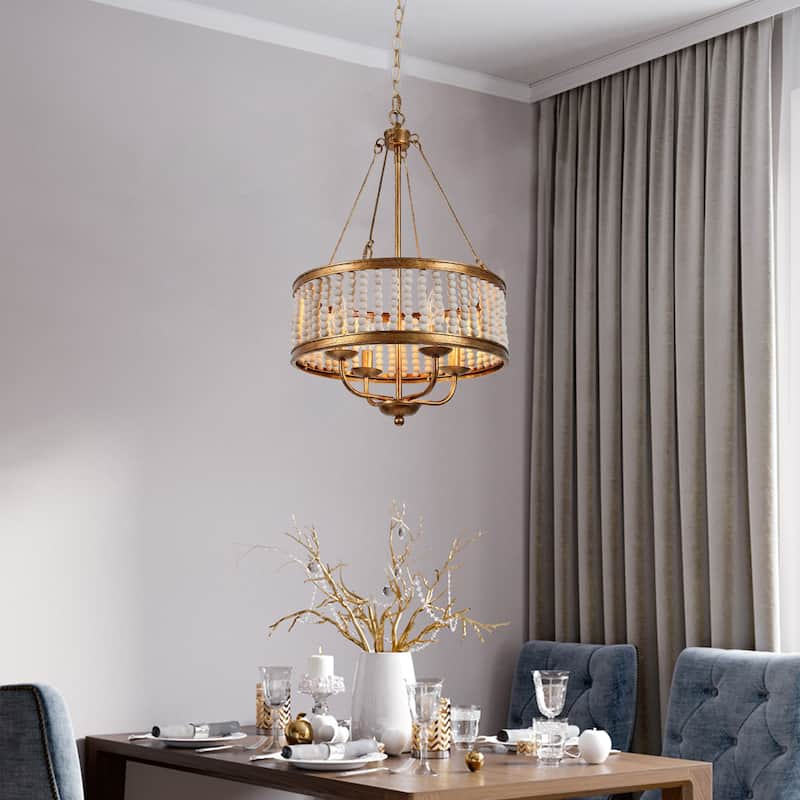 Mid-century Modern Glam Drum Foyer Chandelier wth White Wood Beads - Antique Gold - D 15.5"x H 85"