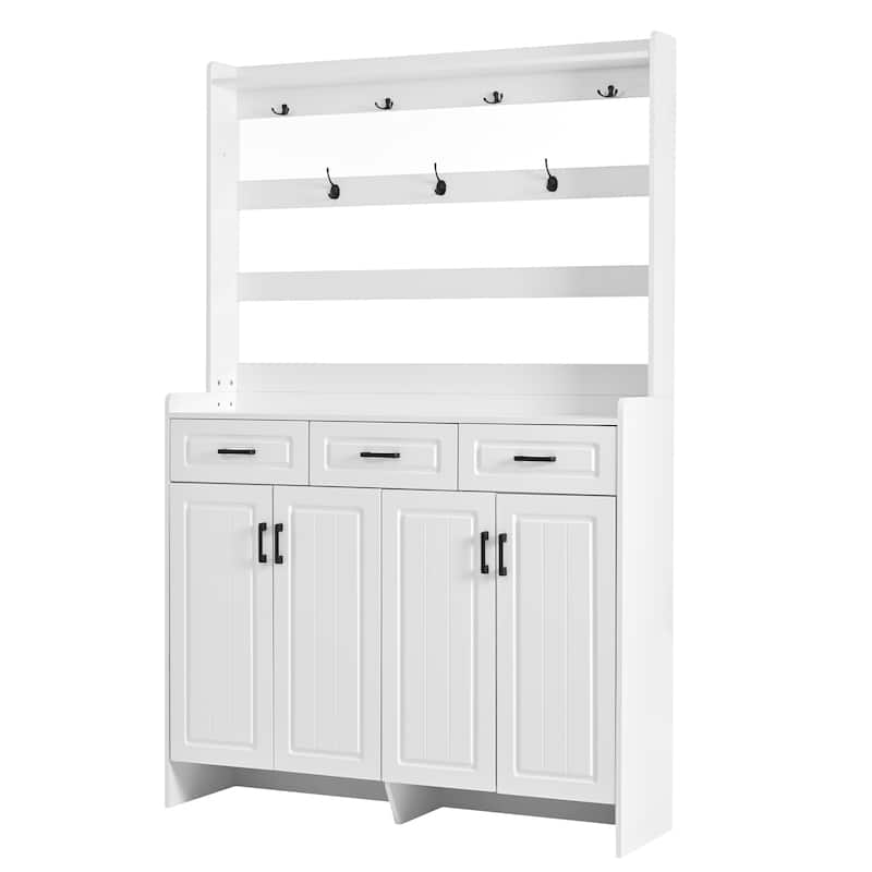 51.2" 4 Door Coat Rack with 3 Drawers,8 Shelves,Hooks and Handles