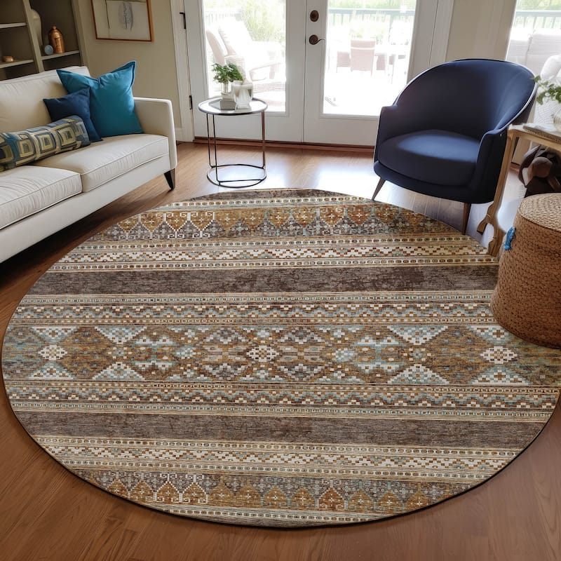 Machine Washable Indoor/ Outdoor Chantille Tribal Boho Rug - Chocolate - 8' x 8'