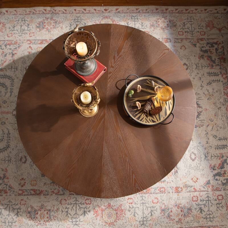 Round Accent Table Tea Table, Wood Coffee Table with Bark Texture, Handcrafted Side Table Sofa Table