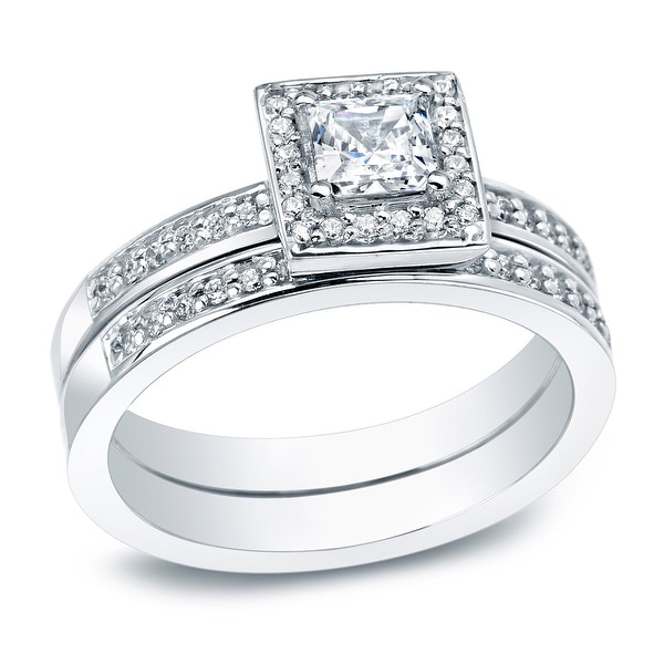 Auriya Platinum 1/2ctw Princess-cut Halo Diamond Engagement Ring Set. Opens flyout.