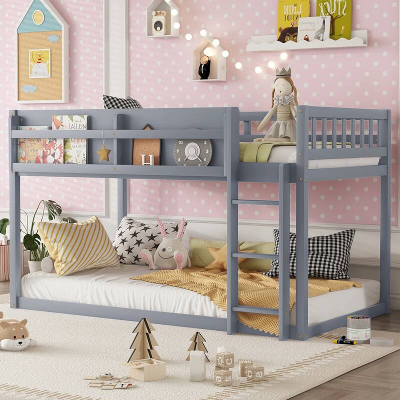 Roomfitters Twin Over Twin Bunk Bed, Low Floor Loft Platform Bed and Shelf with Wooden Frame for Bedroom - Gray - Twin