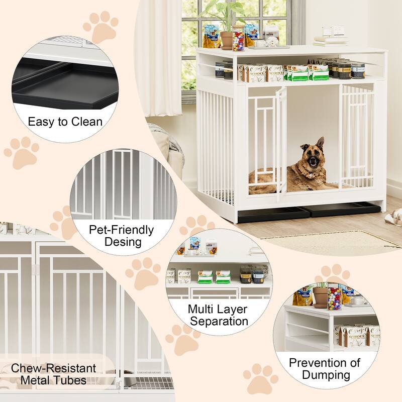 43.3" Dog Crate Furniture for Large Dogs, Wooden Dog Crate with Divider, 2 Door Dog Kennel with 3 Drawers Storage