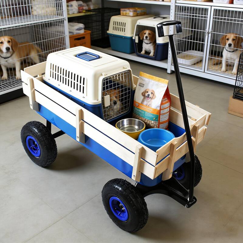 Anmytek Garden Cart Utility Wagon with Inflatable Tires Outdoor Hauler Blue Wooden