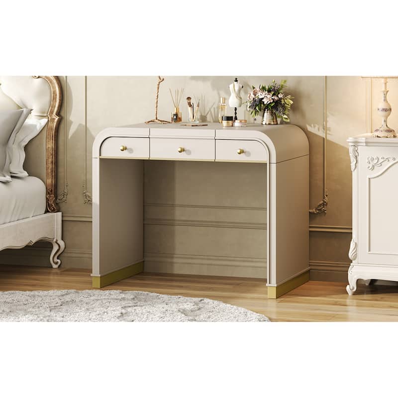 Roomfitters Flip Top Vanity Desk with Mirror and Hidden Storage, Modern Makeup Table with Gold Trim for Small Space