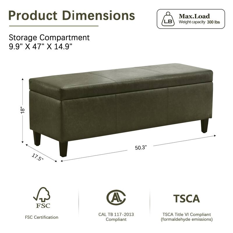 50.3" x 17.50" x 18" Upholstered Rectangular Storage Ottoman-Faux Leather