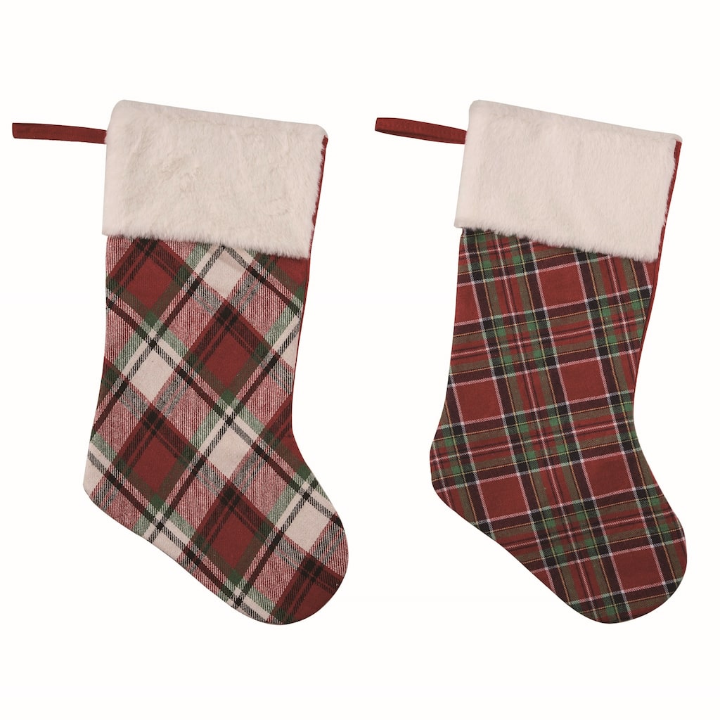 Transpac Fabric Plaid Stocking Set of 2 Christmas Home Decorations