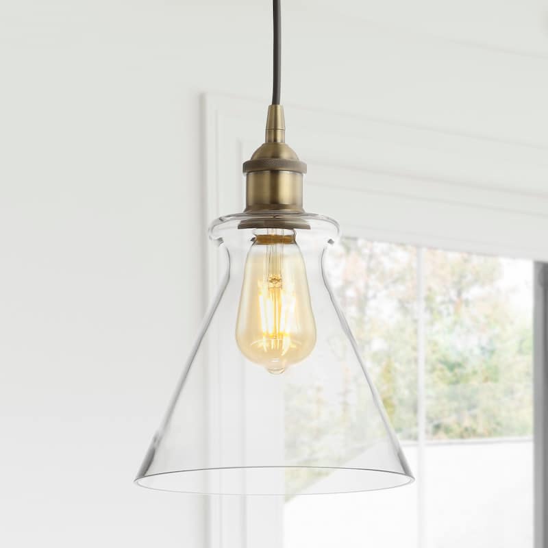 Wyatt 7.5" Adjustable Drop Metal/Glass LED Pendant, Brass Gold by JONATHAN Y - Gold