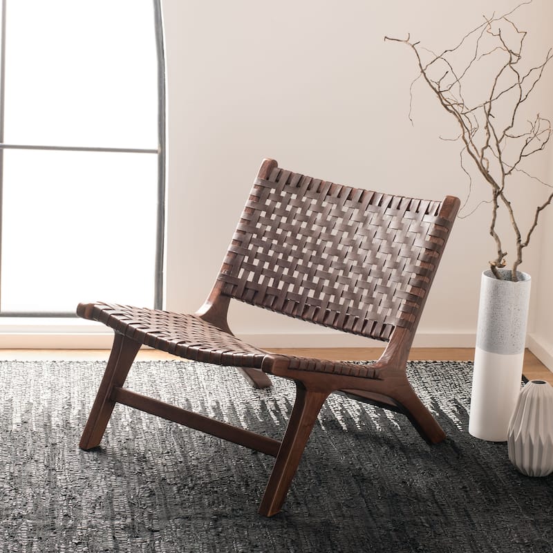 SAFAVIEH Theodora Leather Woven Accent Chair - 25.2" W x 31.5" L x 26.8" H - 25Wx31Dx27H