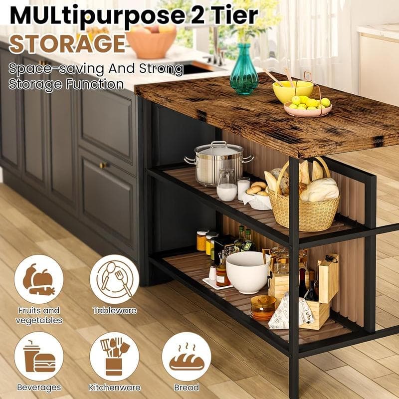 Grondin Mid-Century Modern 3-Piece Faux Marble Top Kitchen Island Set with 2 Stools and Shelves