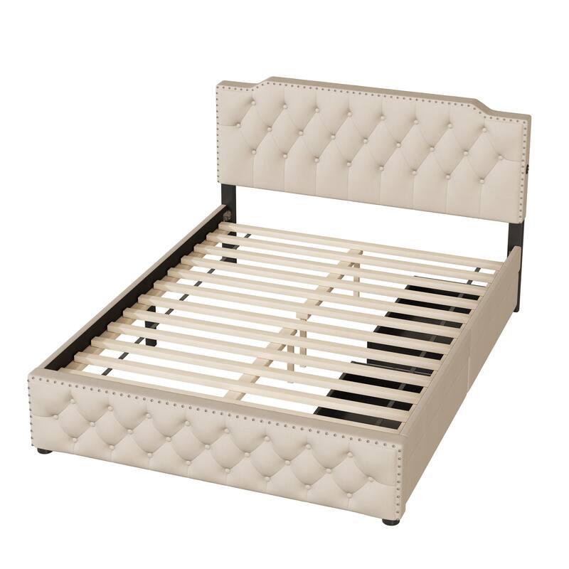 Linen Upholstered Platform Bed Button-Tufted Headboard Wood Panel Bed Frame with 2 Drawers or Trundle Bed, USB on Both Sides