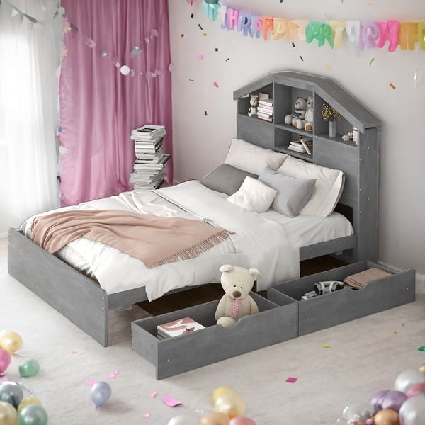 slide 2 of 9, Full Size Wood Platform Bed with House-Shaped Storage Headboard and 2 Drawers, Gray Finish Grey