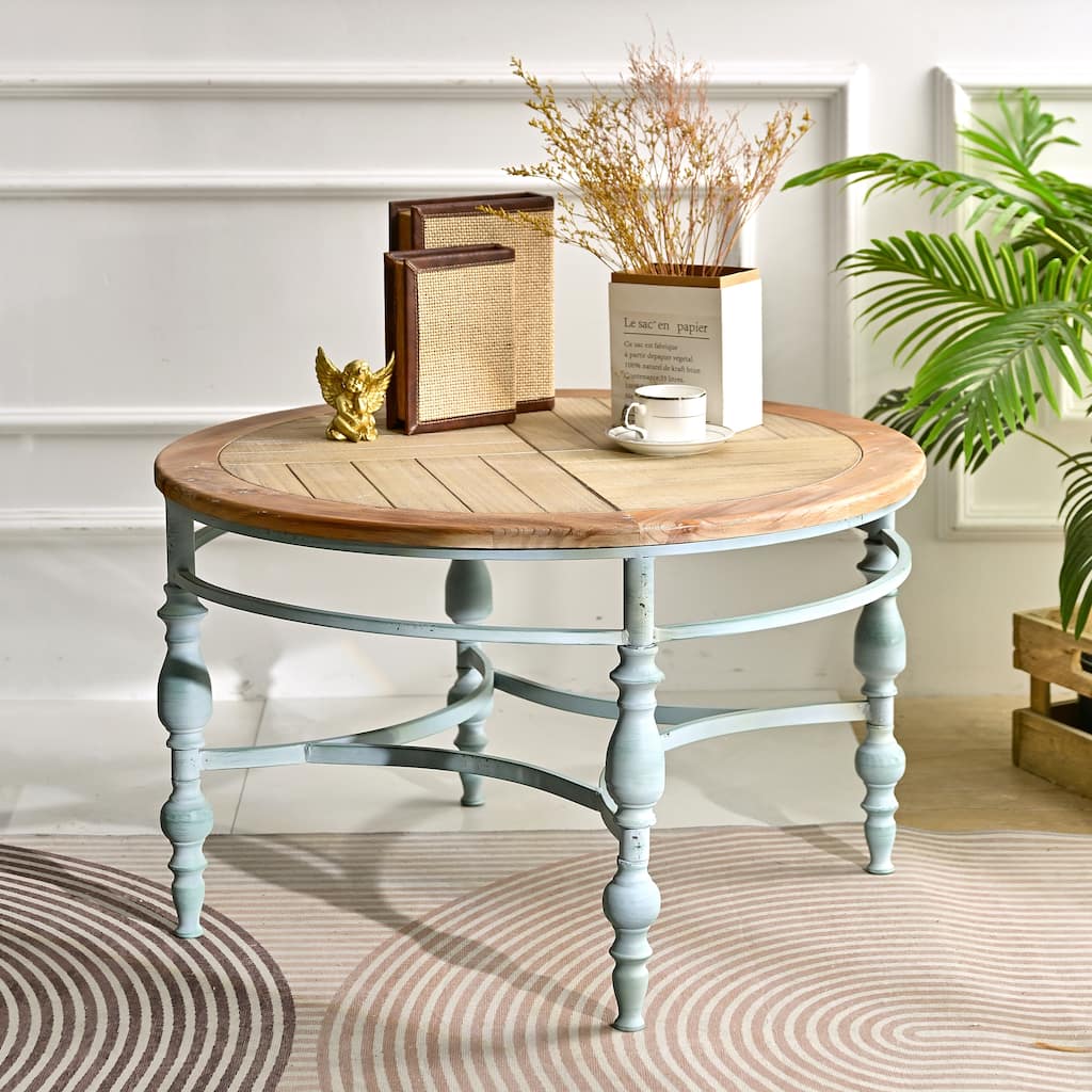 31.50" Accent Rustic Wooden Carved Coffee Table, Easy Assembly, Round Wooden Top Metal Leg Round End Table For Living Room