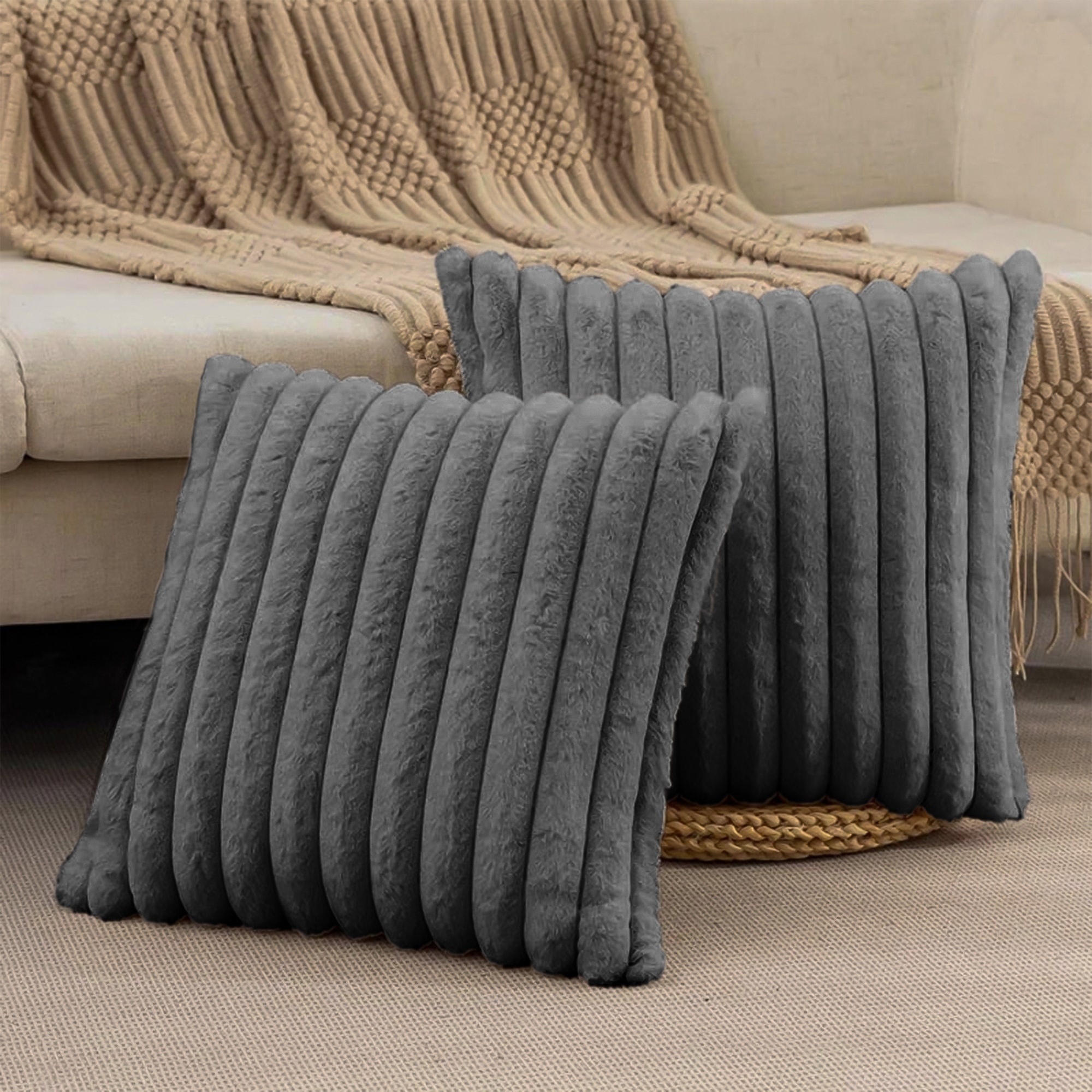 Modern Stripe Faux Fur Throw Pillows Set of 2