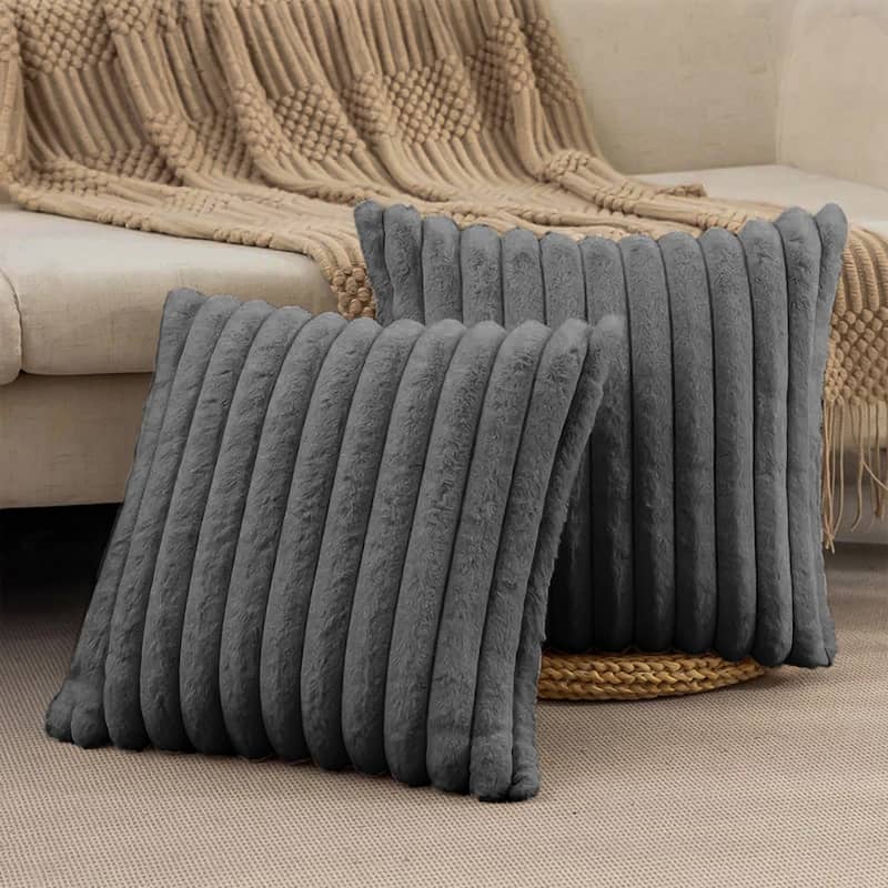 Modern Stripe Faux Fur Square Throw Pillows (Set of 2) - Grey