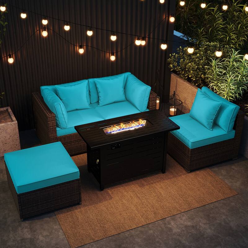 Costway 5 PCS Patio Furniture Set Heavy-duty Frame Rattan Sofa Set - See Details - Turquoise