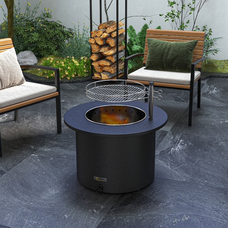 Outsunny 2-in-1 Smokeless Fire Pit, BBQ Grill, 25" Portable Wood Burning Firepit with Cooking Grate, Ash Tray & Poker, Low Smoke - Black