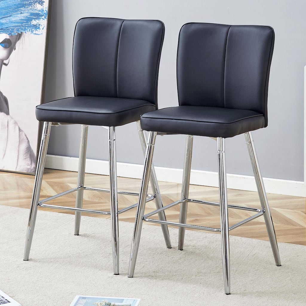 Modern Black PU Bar Chair Set - Two Pieces, The backrest has a vertical and smooth line design WIth Silver Metal Leg