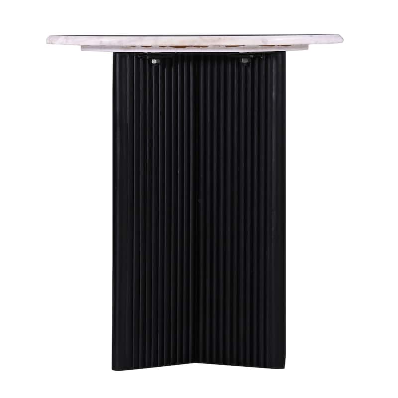 Luxurious Round Mable Topped Pedestal Side/End Table, Living Room Accent Table, White/Black