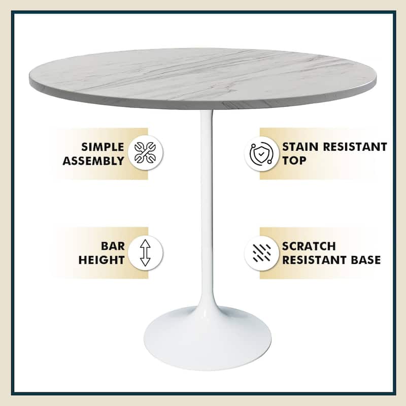 LeisureMod Verve Round Bar Dining Table with White Resin TableTop and White Steel Base for Kitchen & Dining Room
