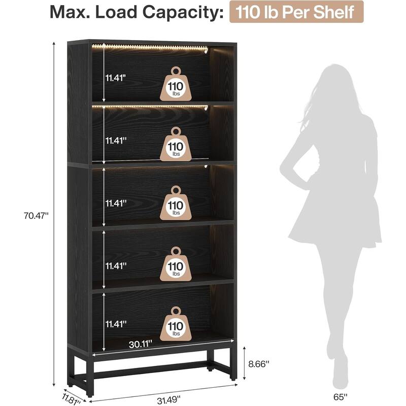 71-Inch Tall Bookcase, Heavy Duty Free-Standing Library Bookshelf with 5-Tier Shelves for Living Room
