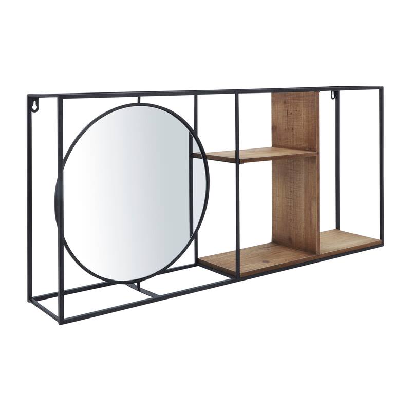 Wall Mount Shelf - Black Metal Brown Wood with Mirror - 34.0"