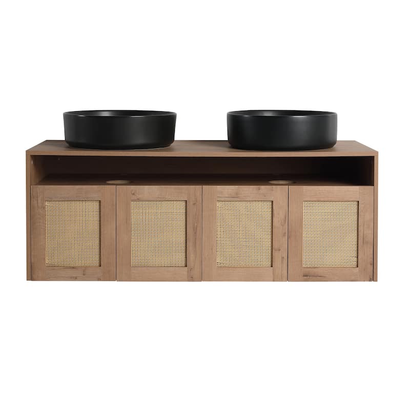 48" Bathroom Vanity with 2 Vessel Ceramic Sink Float Mounting Bathroom Storage Cabinet with 4-Soft Close Door