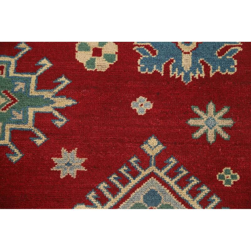 Geometric Red Kazak Area Rug Hand-Knotted Oriental Wool Carpet - 6'8" x 10'2"