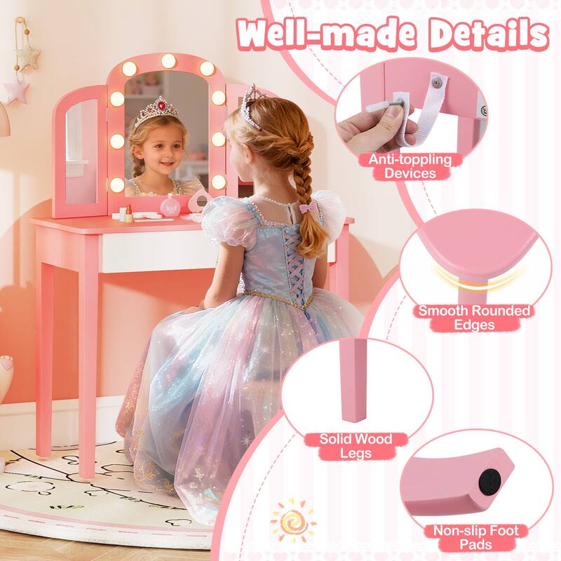 Gymax Kids Vanity Table Set 2-in-1 Princess Makeup Dressing Desk