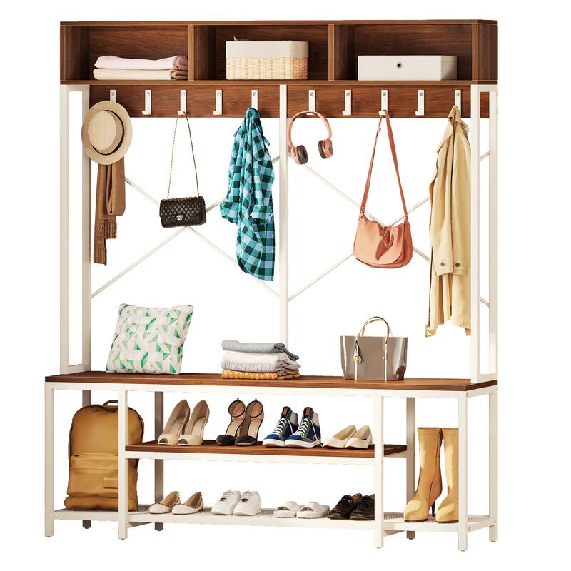 Moasis Industrial Entryway Bench with Coat Rack, 5-in-1 Hall Tree with Shoes Storage - Brown/White