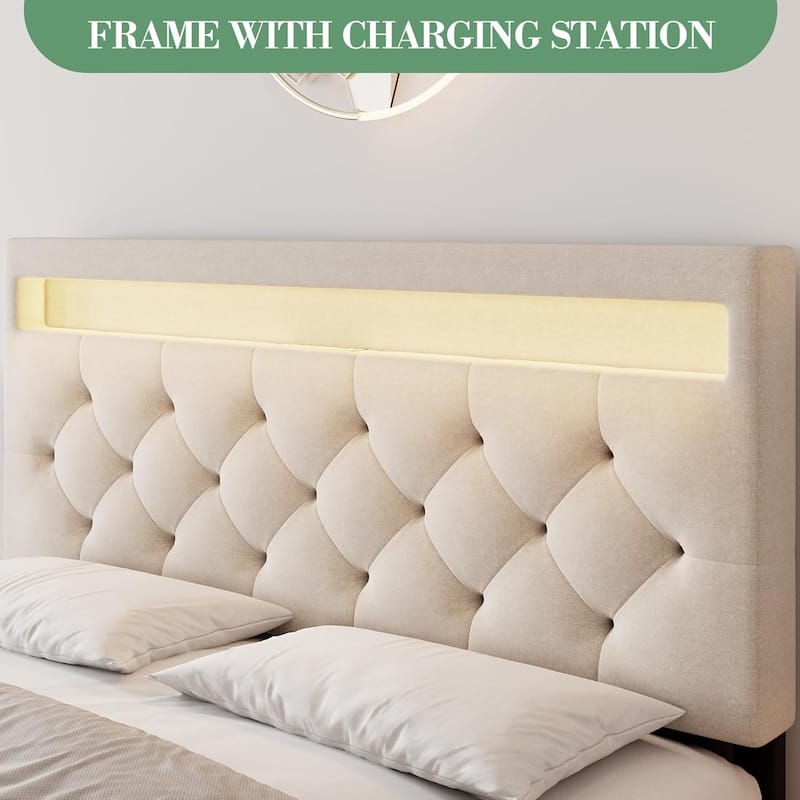 Upholstered Bed Frame with Storage Headboard, LED Lights, Charging Station & Wood Slats, Easy Assembly