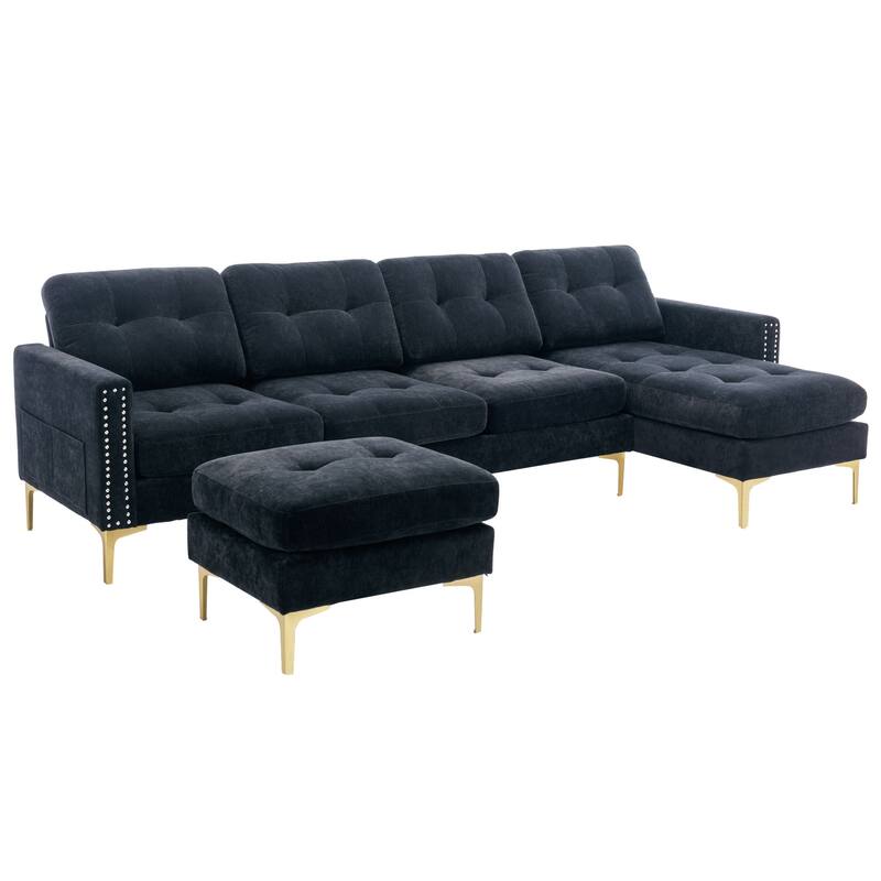 L Shaped Convertible Sectional Sofa with Ottoman, Velvet Fabric 5 Seater Sofa, Upholstered Sofa with Chaise & Storage Pockets