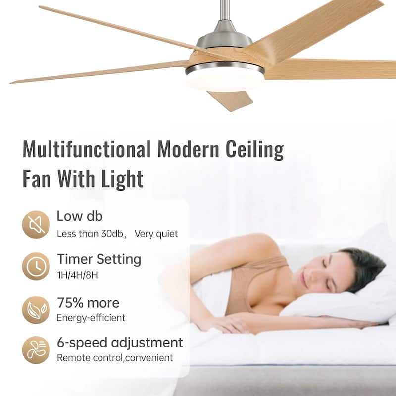52" Modern Dimmable LED Nickel Ceiling Fan with Light Kit and Remote Included
