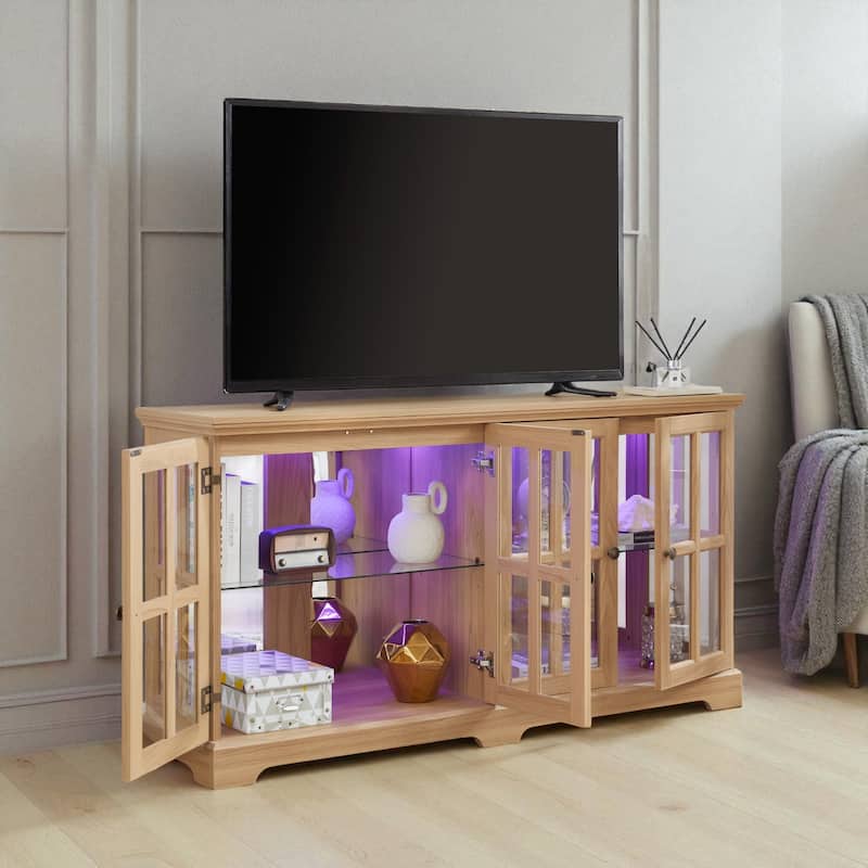 LED Antique Curio Display Cabinet with Glass Doors, Adjustable Shelves and Vintage 4-Door Design