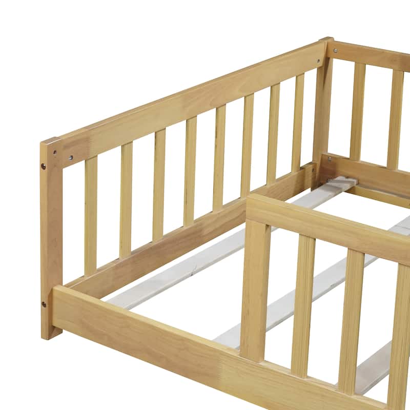 Twin Size Floor Bed with Fence without Door, Rubber Wood Floor Bed with Safety Guardrails