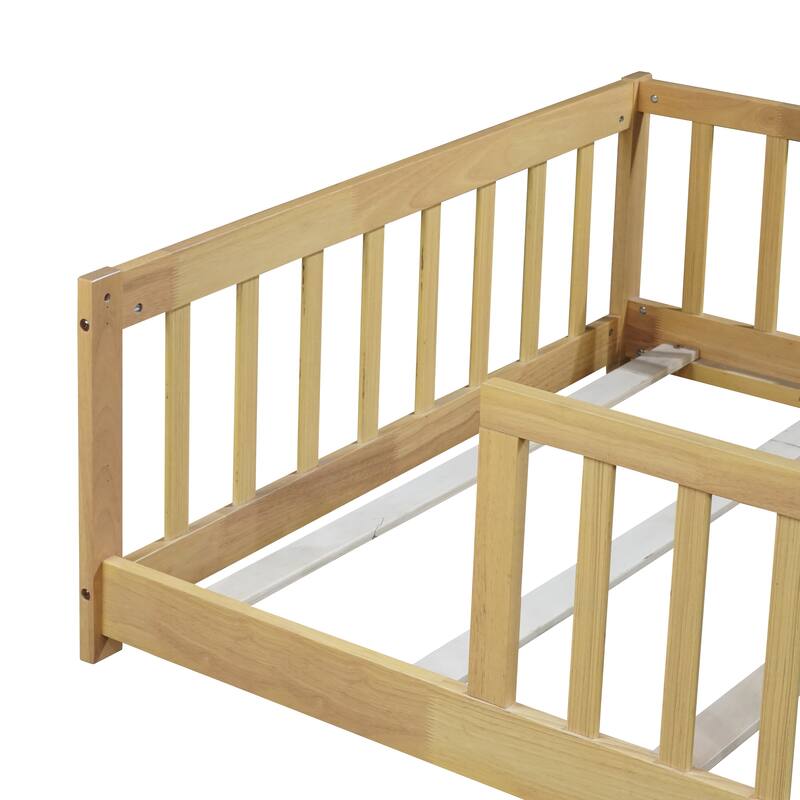Twin Size Rubber Wood Floor Bed with Safety Guardrails, Natural Finish, Easy Assembly