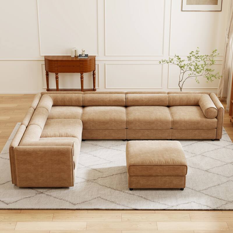 Modern Chenille 6-Seater Sofa with Ottoman Storage, Hidden Storage, Cylindrical Cushioned Arms and Backrest