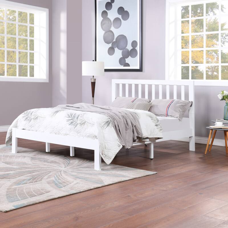 Modern Farmhouse Acacia Wood Queen Bed Set with Open-Slat Headboard - White