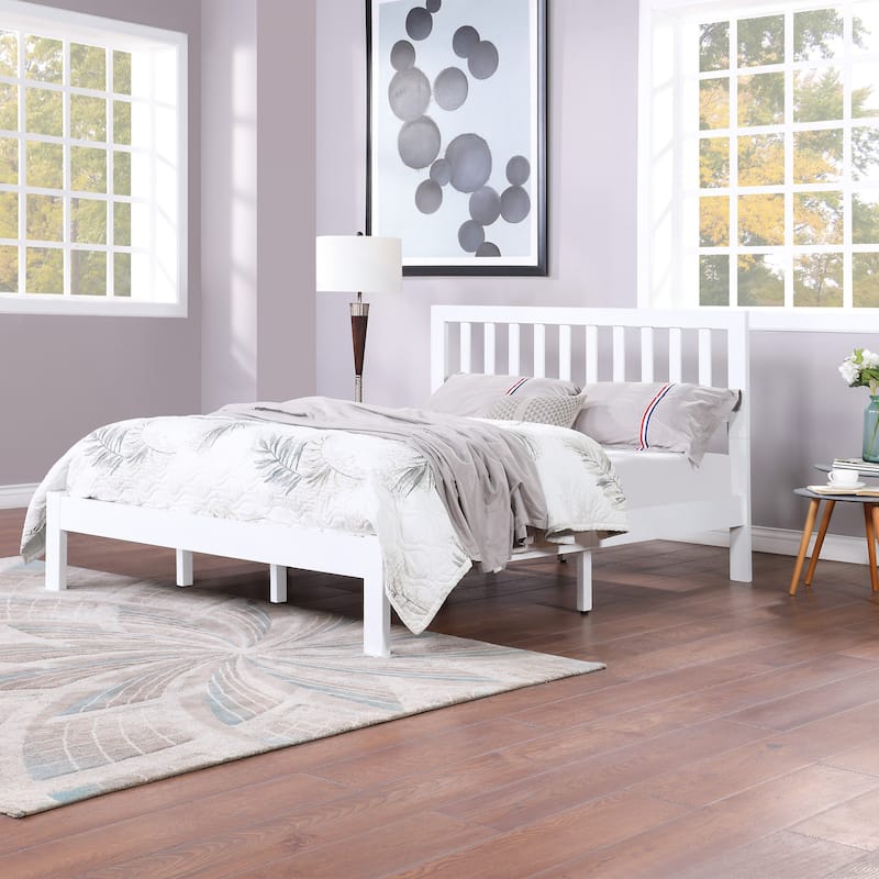 Wooden Bed Frame Wood Slat Support Bed Queen Size Platform Bed - White - Queen