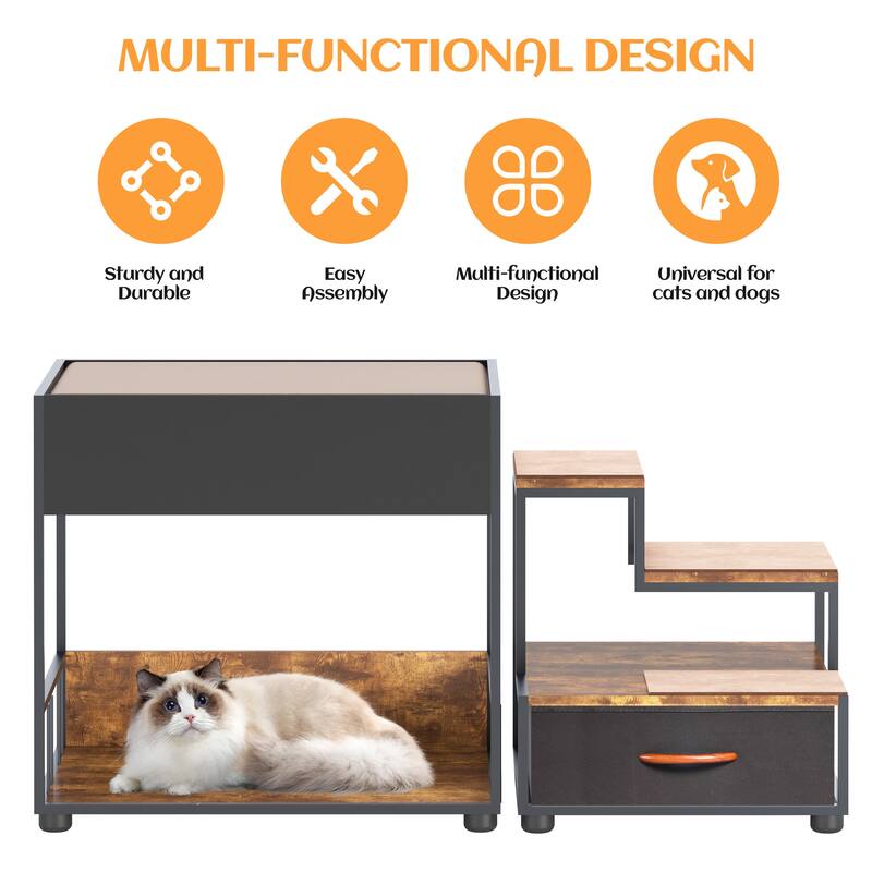 Pet Step Window Perch, Bedside Lounge Elevated Dog Bed Multi-Level Platform with sponge,Non-Slip Pad and Storage