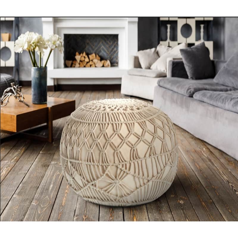 20-inch Cream Cotton Tufted Round Pouf Ottoman for Living Room or Bedroom